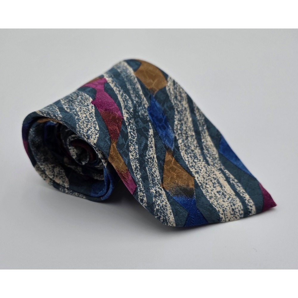 VIAGGIO Silk Tie Geometric Abstract Pattern Blue‎ Burgundy Gold Made in Italy